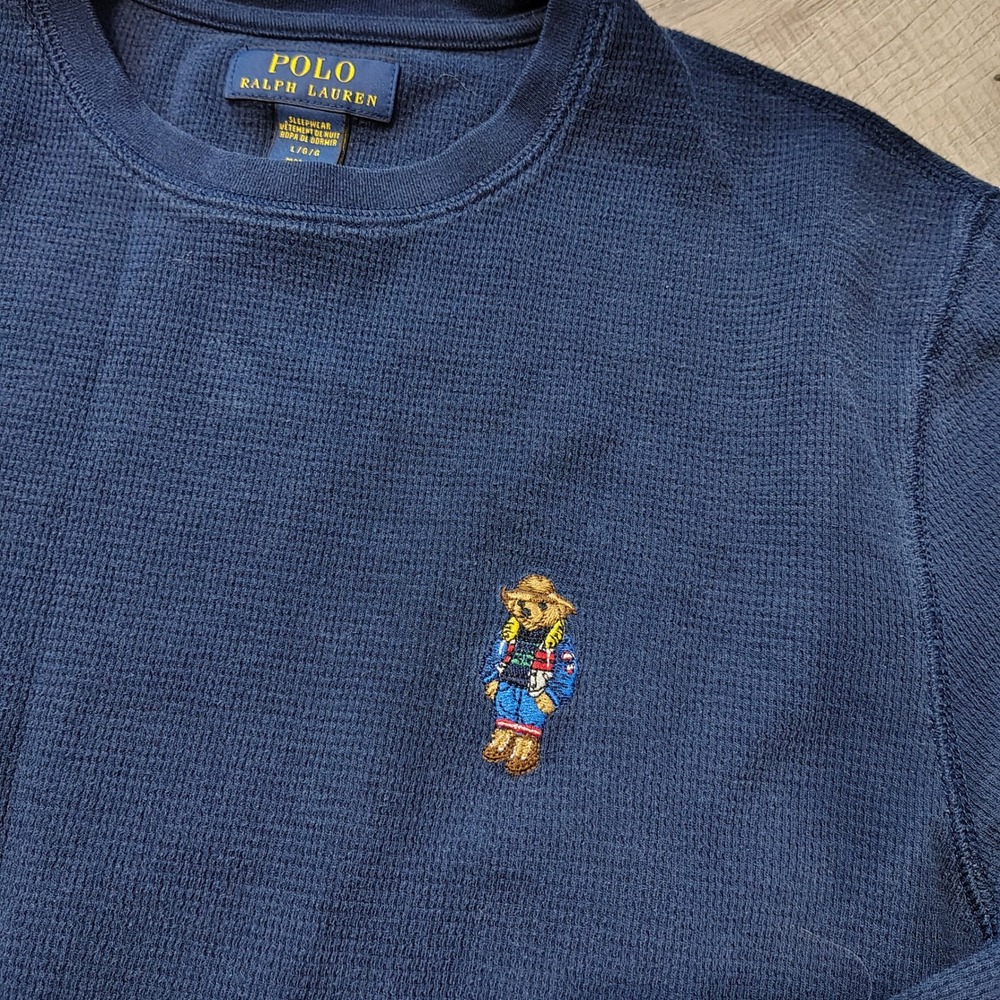 Polo Ralph Lauren Mens Navy Blue Waffle Knit Polo Bear Thermal Sleep Top Large